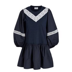 TANYA TAYLOR Kirstie Puff-Sleeve Drop-Waist Mini Dress Navy Blue Size Large NEW